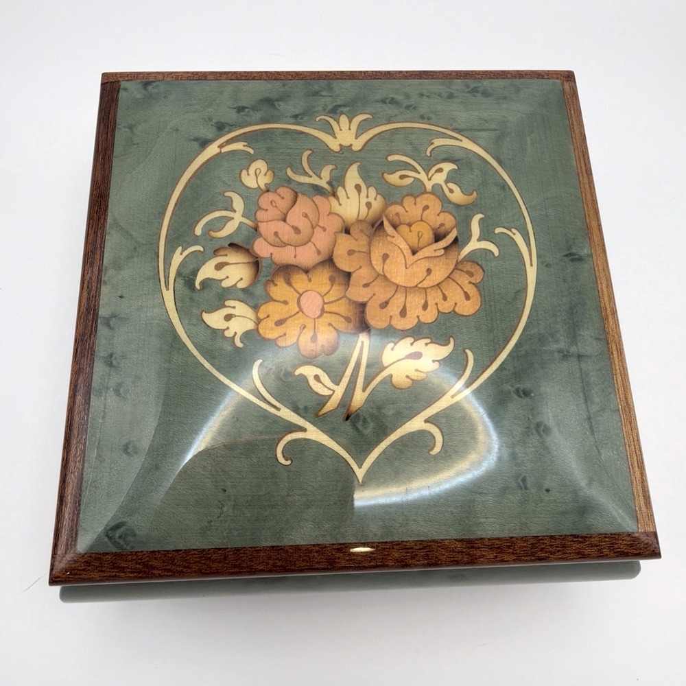 VTG Reuge Italian Marquetry Wood Music Box Plays Swan Lake Smithsonian 5.25"